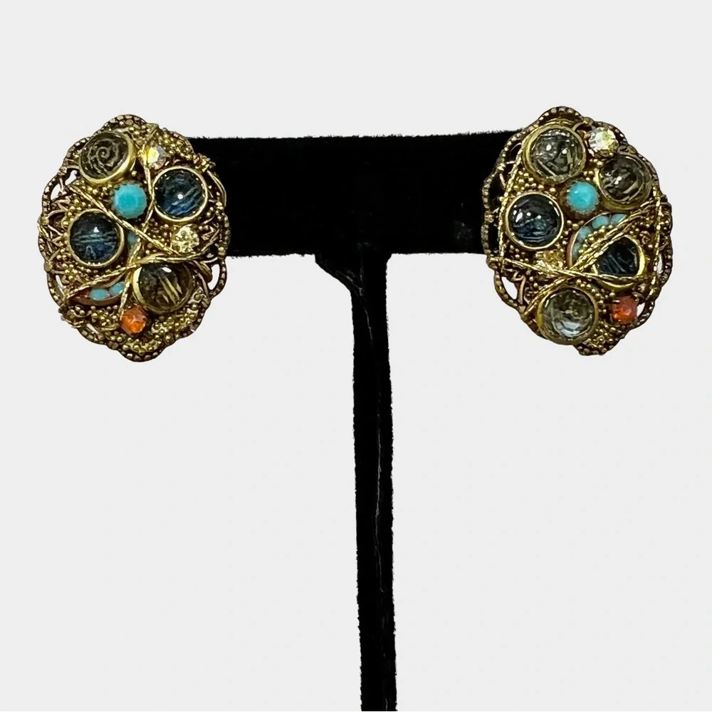 VINTAGE BLUE & TURQUOISE CRYSTAL & MIXED MEDIA ARTISTIC EARRINGS